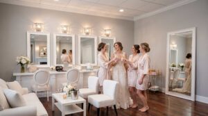 Bride and bridesmaids in the Pizazz Ballroom bridal suite