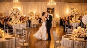 First dance among candlelit tables at Pizazz Ballroom