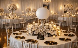 Full view of an elegant reception setup at Pizazz Ballroom in St. Charles, MO
