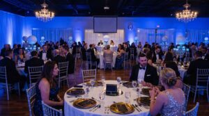 Pizazz Ballroom in sapphire blue LED lighting for a gala